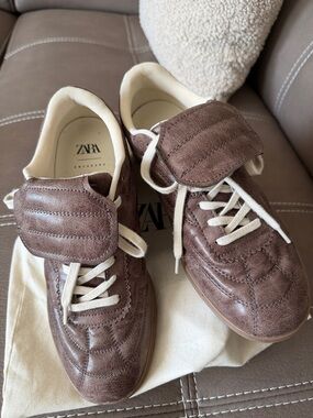 Zara Brown Quilted Sneakers with Cream Laces
